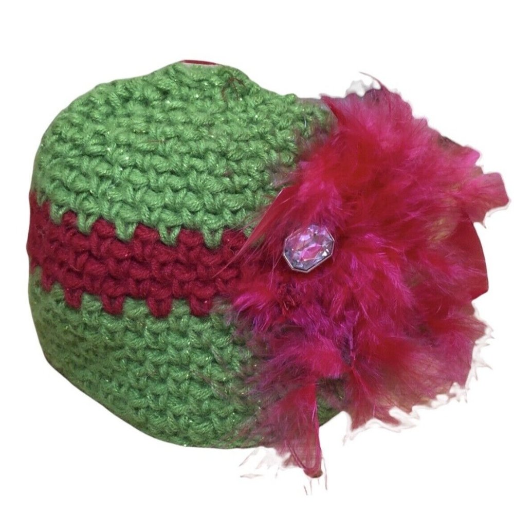 Handmade Crochet Red Green Christmas Baby cap Red Green‎ feathers cute